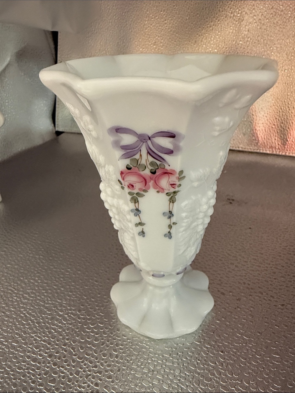 Vintage Westmoreland Flared Trumpet “ Roses and Bows” hand painted Vase